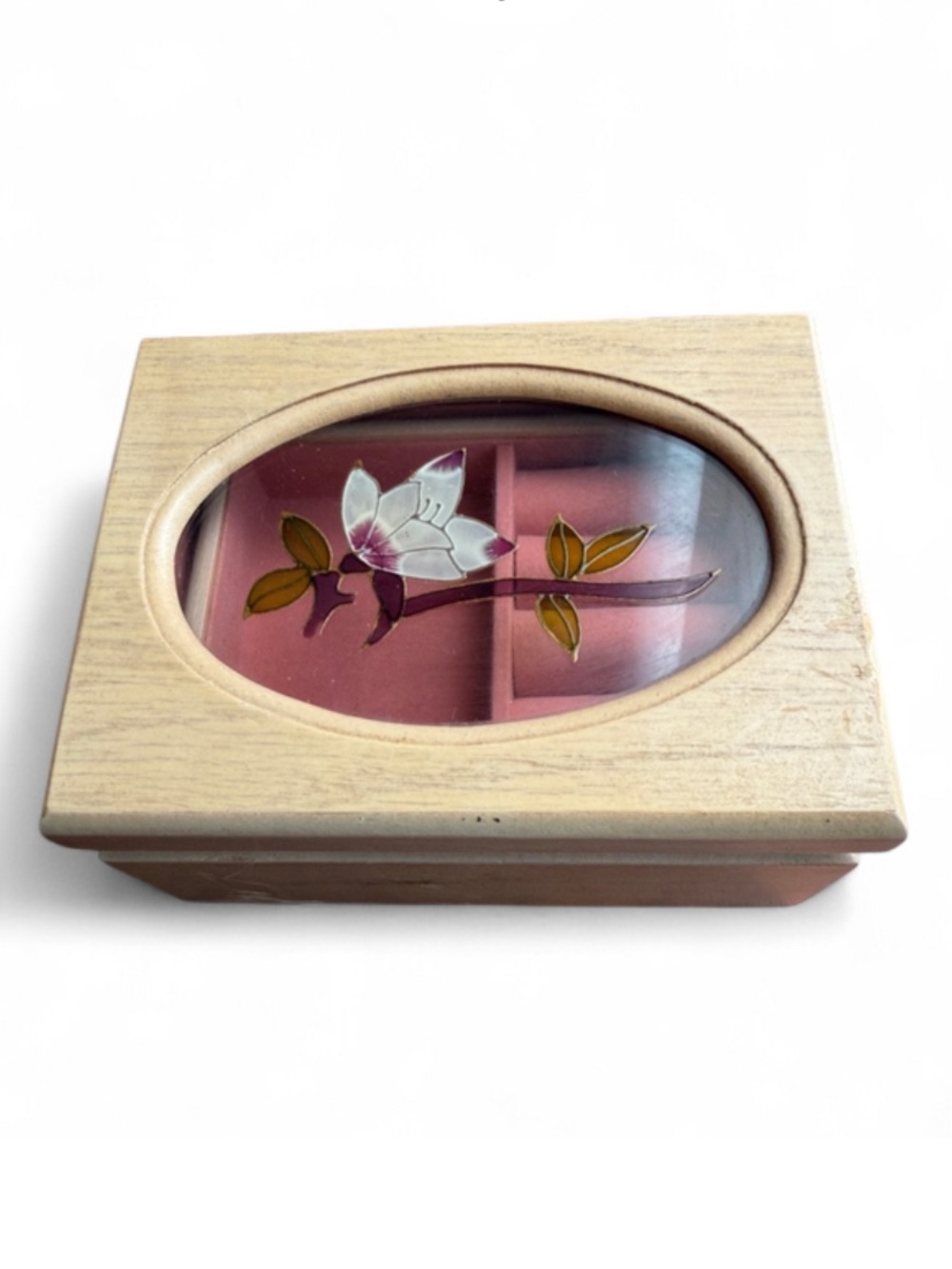 Vintage Wooden Jewelry Box with Floral Glass Inset
